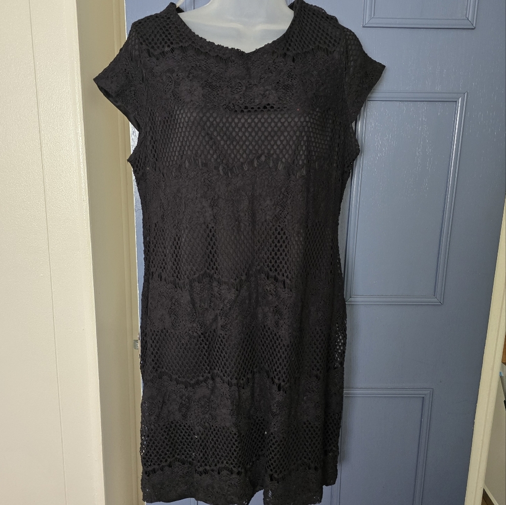 SHARAGANO Black Crochet Mini Dress